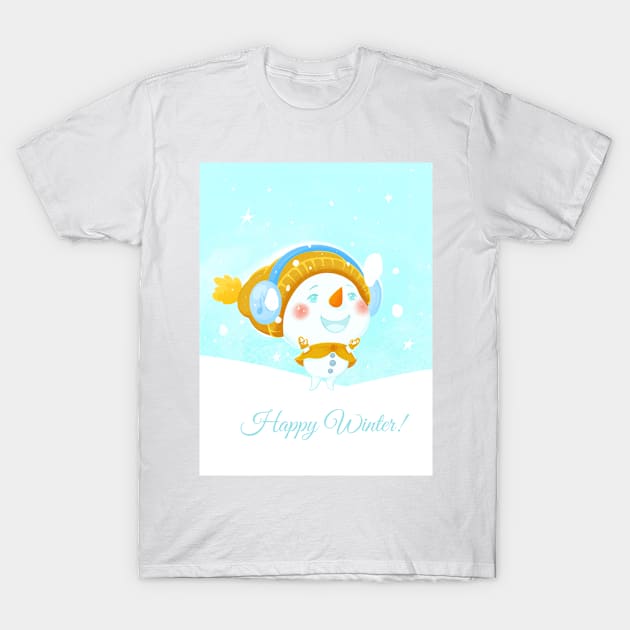 Little Snowman Rejoices in the Snow T-Shirt by lili.magic.art